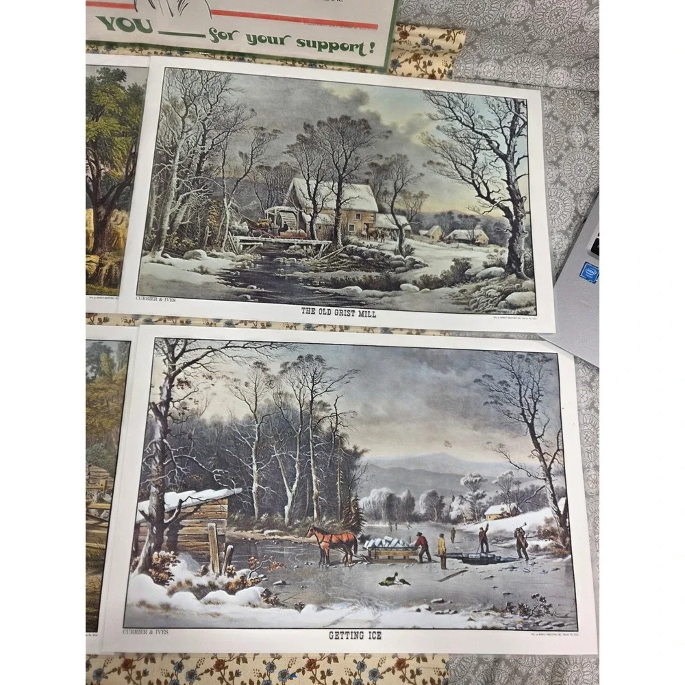 Vintage Currier &‎ Ives Placemats Whirley Industries Set of 4 Farmhouse Decor